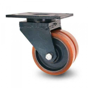 Industrihjul Kraftigt Dubbelhjul Polyuretanbana Platta, Kullager 1400kg. Hjul 150x50mm.