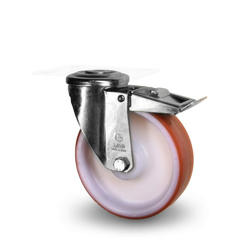 Industrihjul Centrumh�l Polyuretanbana, Broms, Rullager 200kg. Byggh�jd Totalt 160 mm.