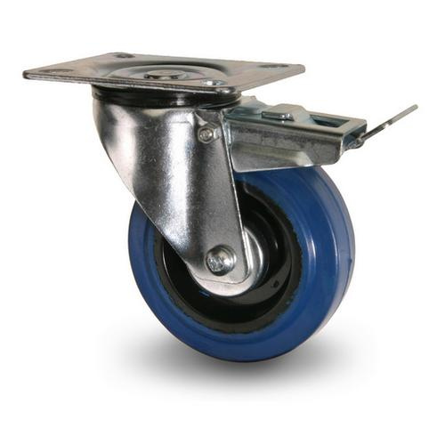 Industrihjul Bl� Platta Broms Elastisk Gummibana, Rullager 100kg