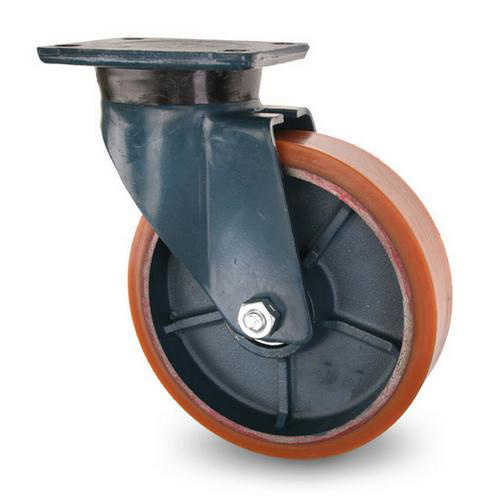 Industrihjul Kraftigt Polyuretanbana F�stplatta, Kullager 1200kg. Hjul 250x50mm.