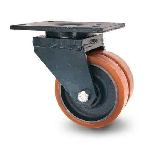 Industrihjul Kraftigt Dubbelhjul Polyuretanbana Platta, Kullager 2800kg. Hjul 250x60mm.