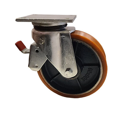 Industrihjul Extra Kraftig Sv�ngkrans Sm�rjnippel Polyuretanbana Platta Med Broms, Kullager 1100-1200kg. Hjul 200x50mm.